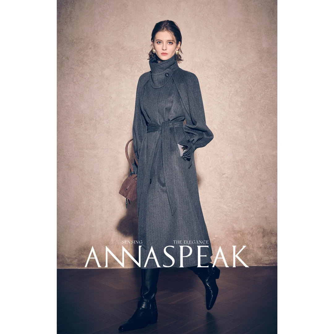 ANNASPEAK两穿式ROW风慵懒翻领羊绒羊毛条纹腰带时尚复古宽松大衣
