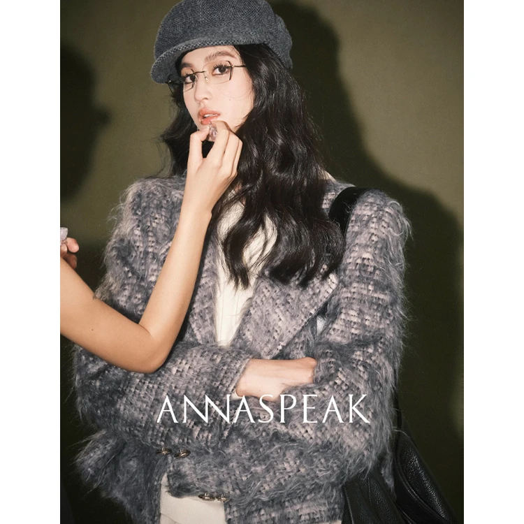 ANNASPEAK安哥拉马海毛 老钱风柔雾灰调 茧型短箱型翻领大衣外套