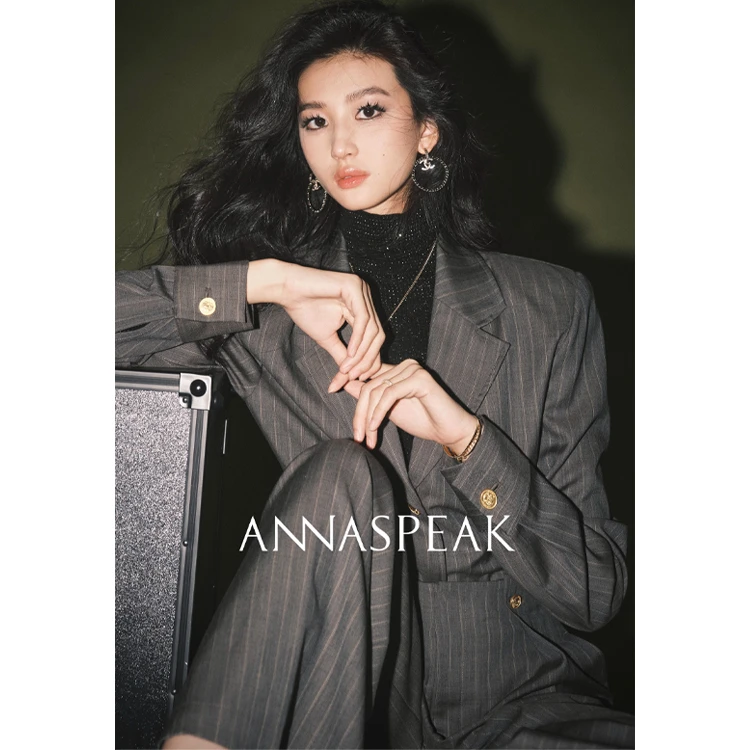 ANNASPEAK西装领气质收腰显瘦条纹衬衫/高腰阔腿裤气质通勤女装