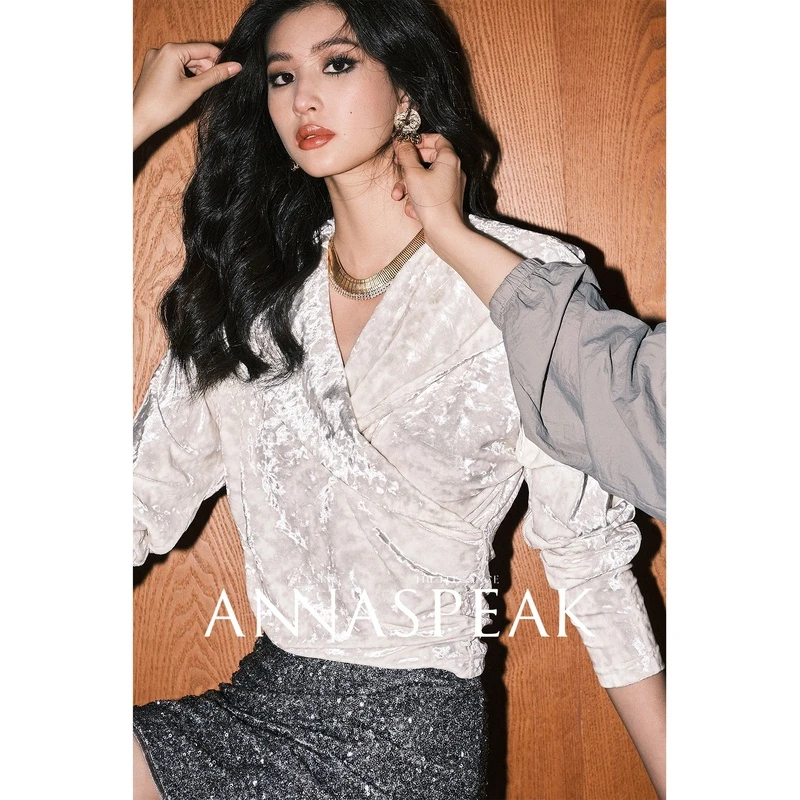 ANNASPEAK幻彩钻石光泽感丝绒 华丽优雅围裹式兜帽设计感上衣法式