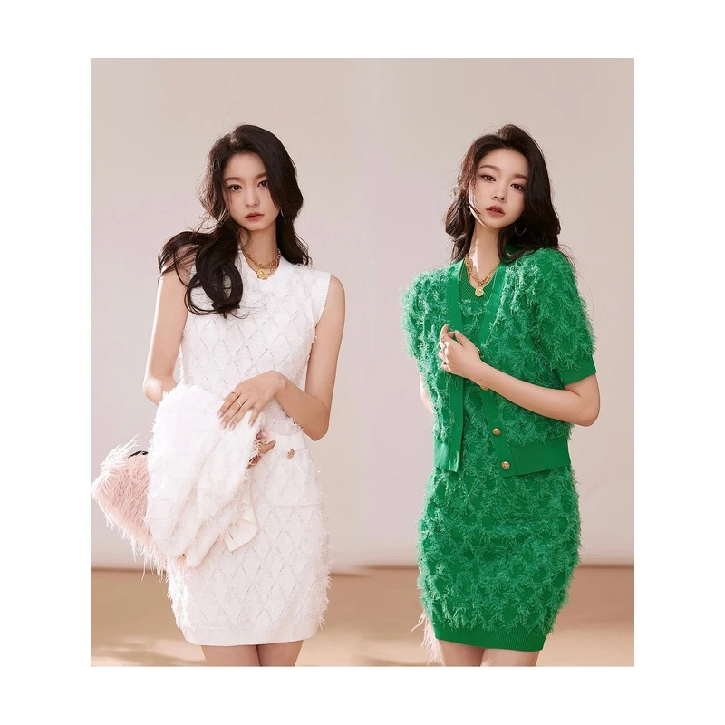 ANNASPEAK早春穿搭 菱格毛絮流苏柔软细腻雅致短款开衫/连衣裙