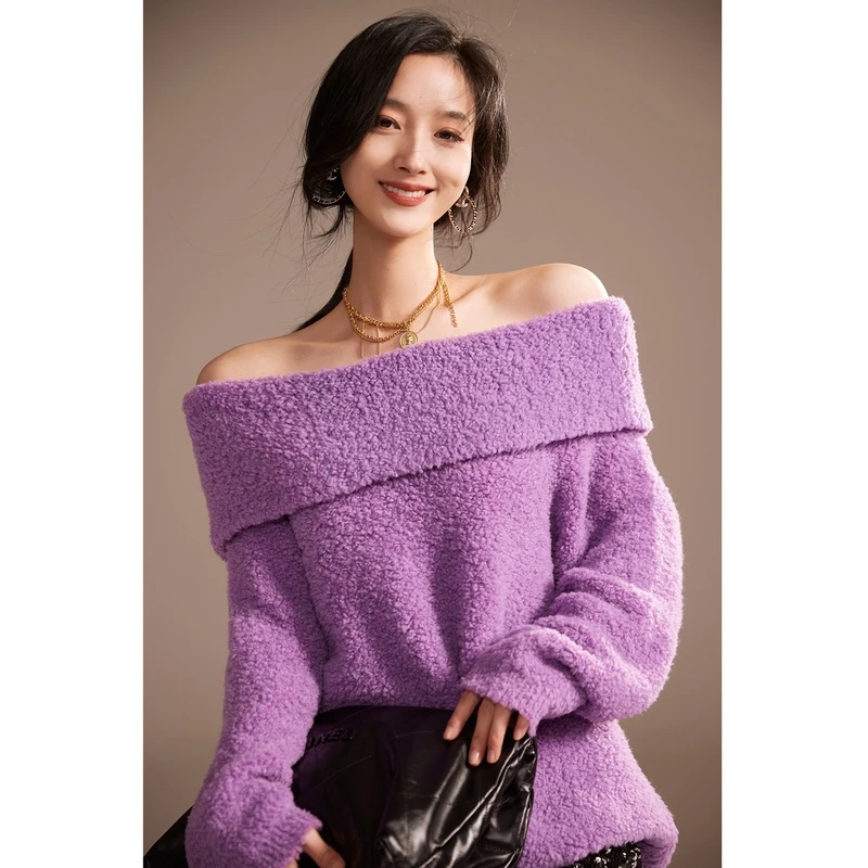 ANNASPEAK暖泰迪绒百搭时尚一字肩纯色气质长袖保暖外穿针织毛衣