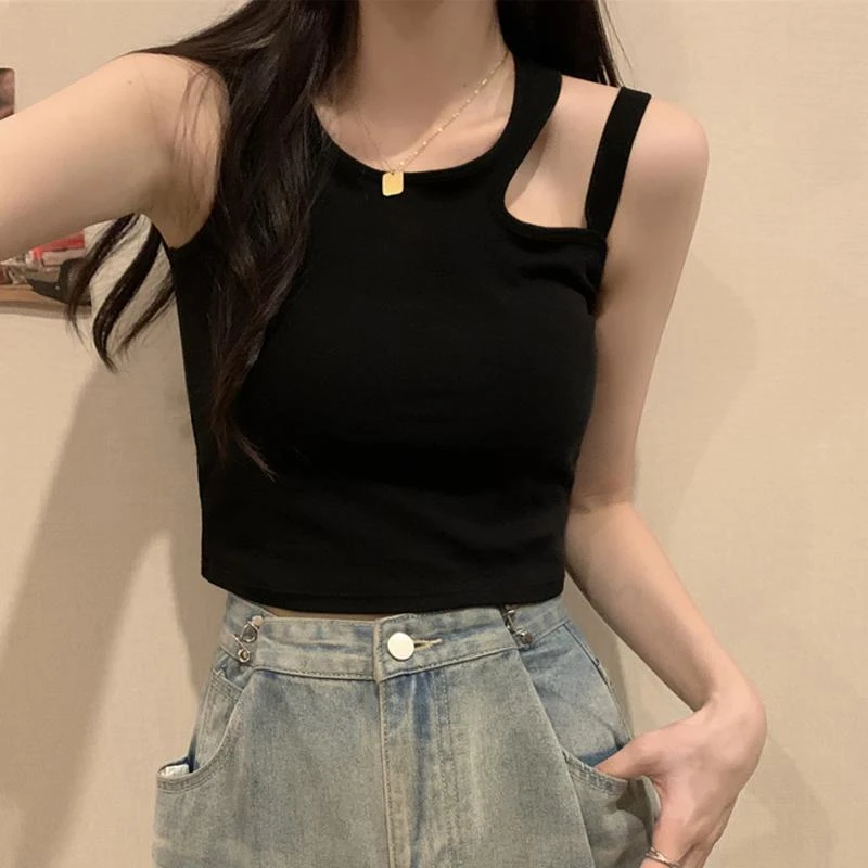 性感辣妹露肩圆领背心带胸垫夏季新款修身显瘦小众设计感短款上衣