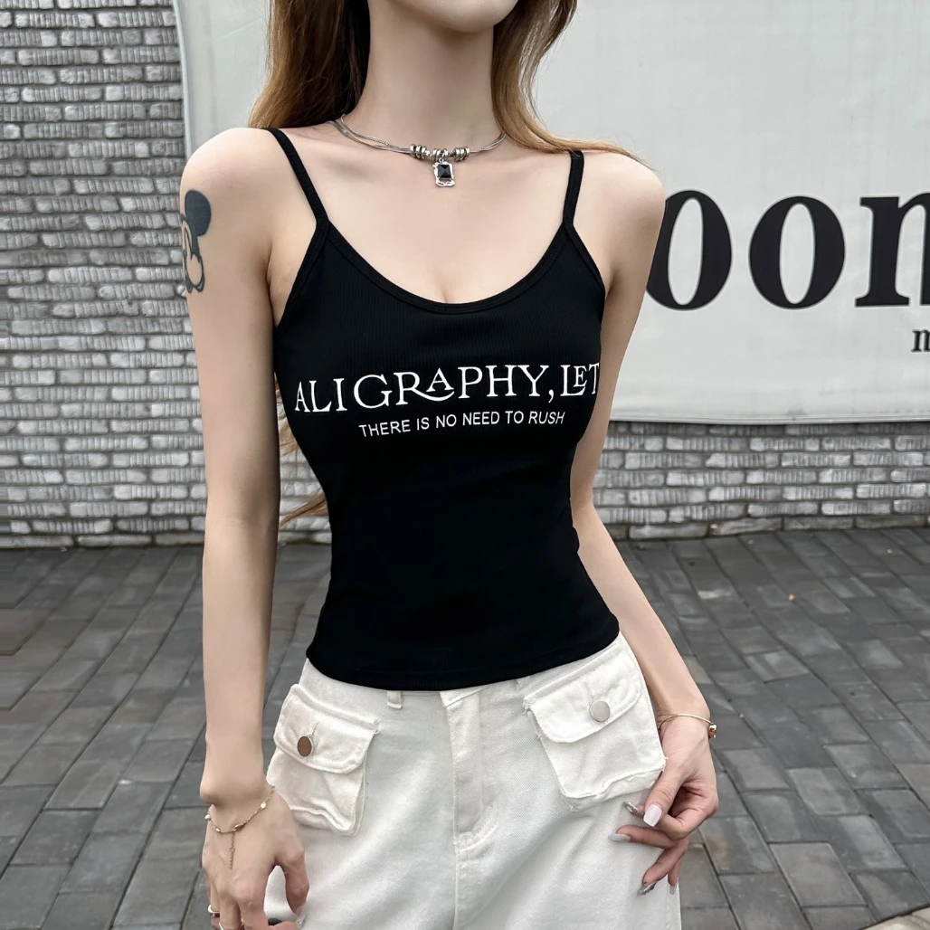 美式辣妹字母印花吊带背心女外穿显瘦打底带胸垫美背夏季运动上衣