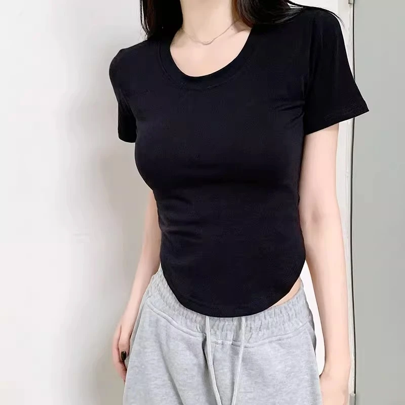 黑色t恤女圆领夏季修身纯色百搭不规则2024年新款爆款小个子时尚