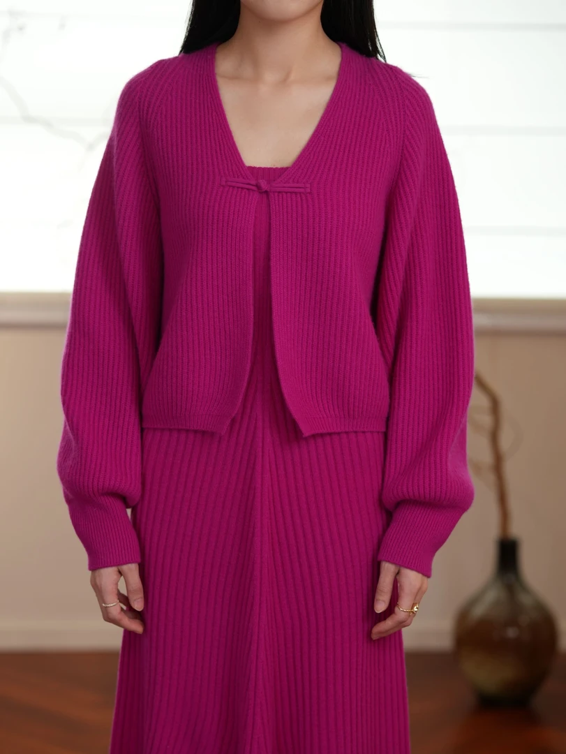 100%澳毛秋冬时尚短款针织新中式盘扣小开衫 96106