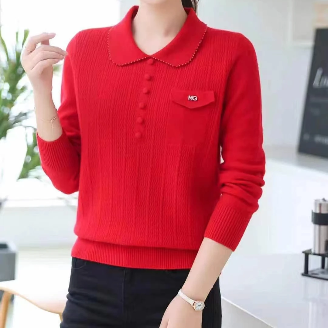 时尚羊毛衫2023冬季新款网红羊毛衫翻领套头大码长袖红色毛衫8365