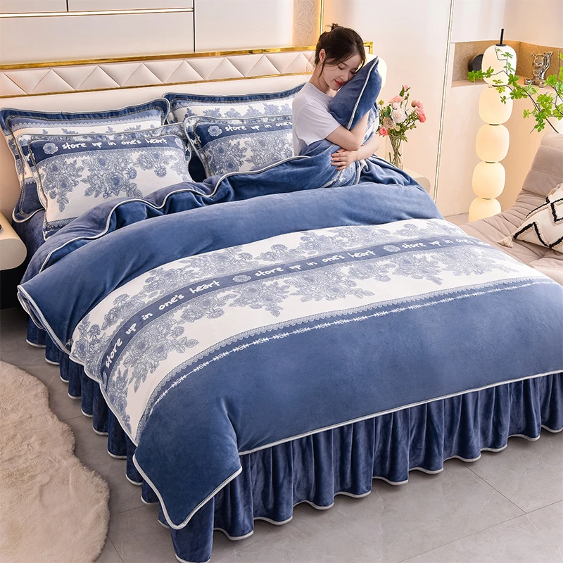 万家家凤高克重牛奶绒四件套加厚保暖双面绒床裙款四件套防静电