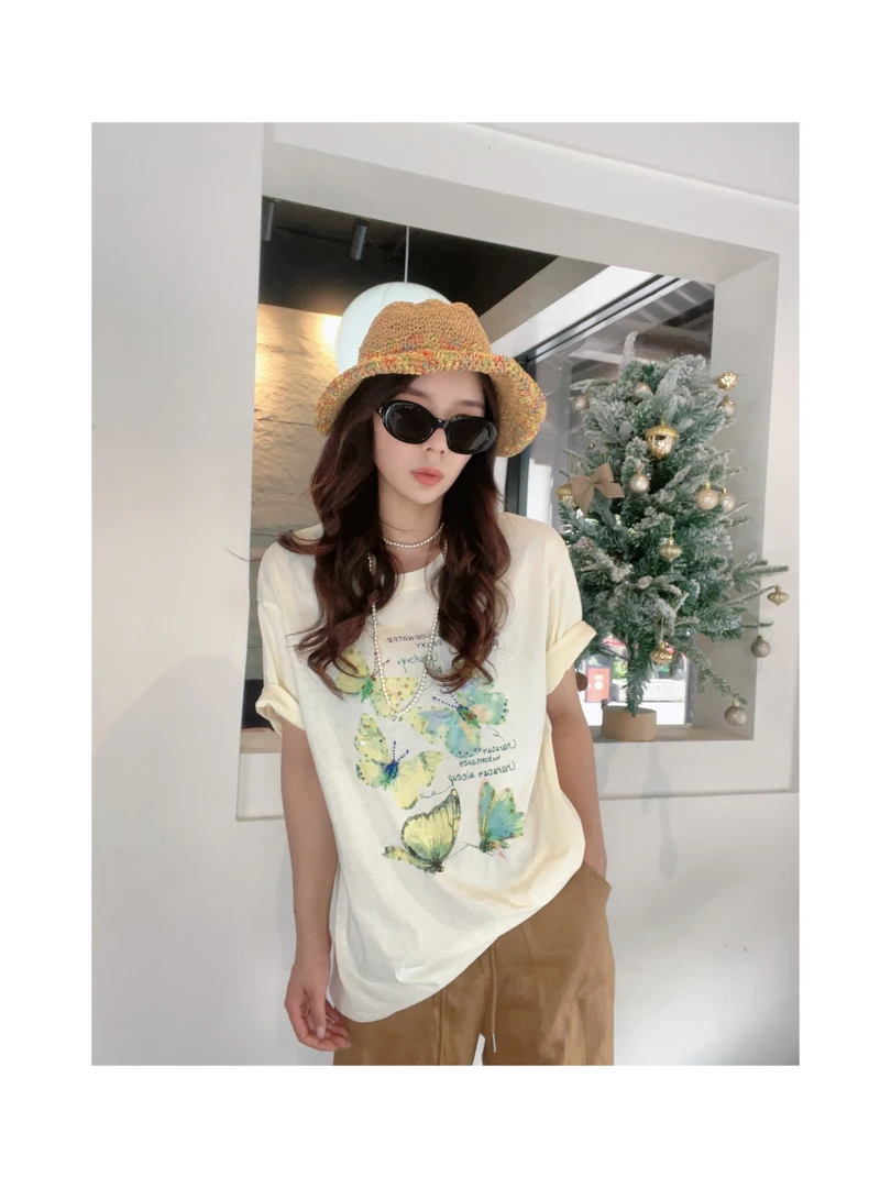 新款“仲夏青蝶”T恤883#P01536春夏新款原宿辣妹百搭短袖