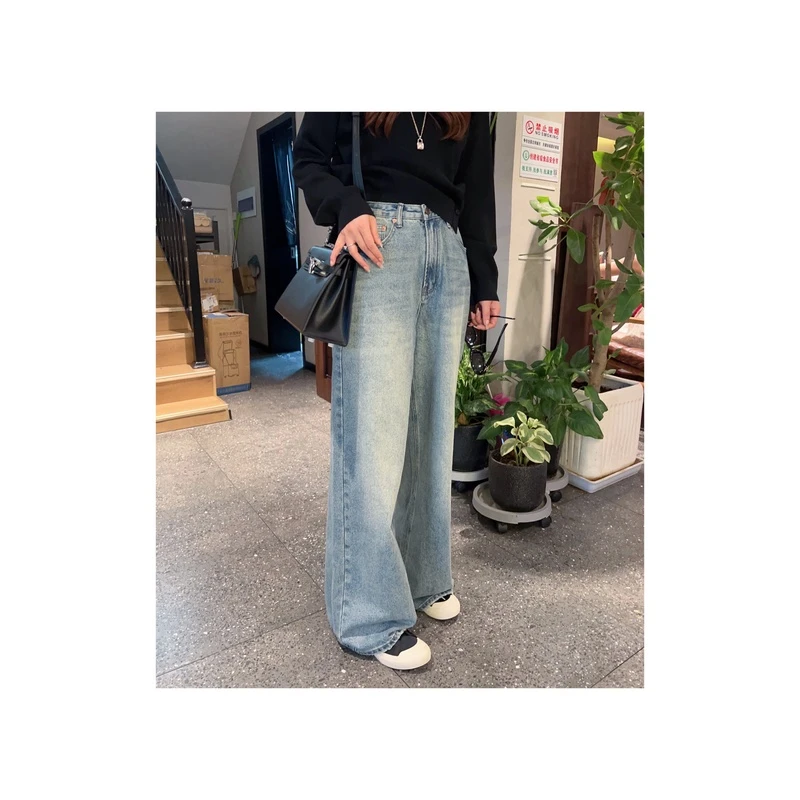 884#P0370新款复古磨白高腰阔腿牛仔裤