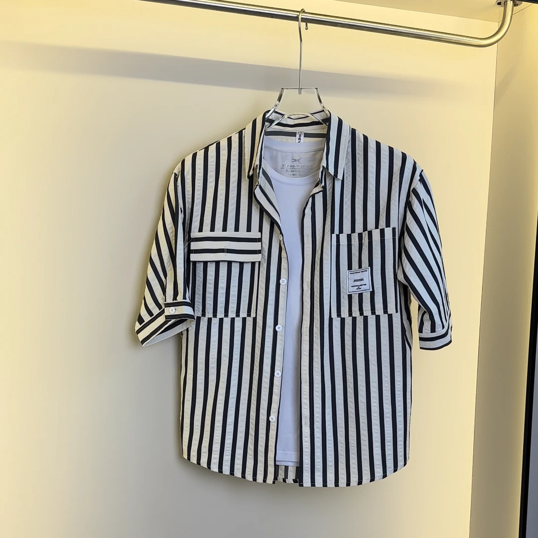 新品夏季百搭泡泡纱工艺免烫抗皱好打理条纹五分袖短袖薄款衬衫