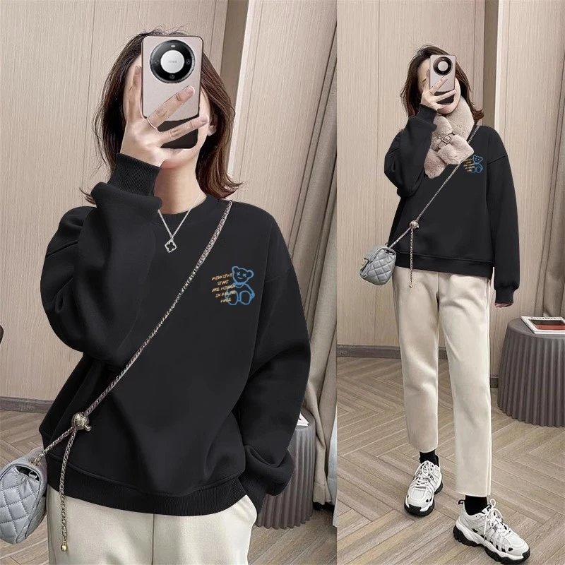 圆领卫衣女秋冬2024新款加绒oversize慵懒风小个子宽松长袖上衣