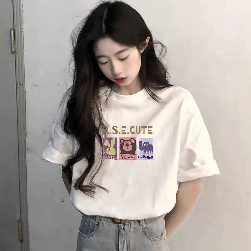 白色女T恤2024新款夏季薄款短袖宽松纯棉印花T恤白色夏季百搭上衣