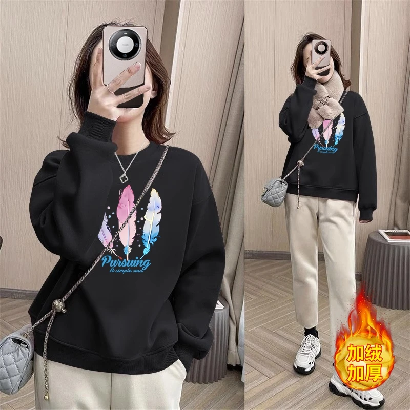 ootd卫衣女士春秋宽松百搭减龄2023秋冬新款无帽圆领套头加绒上衣