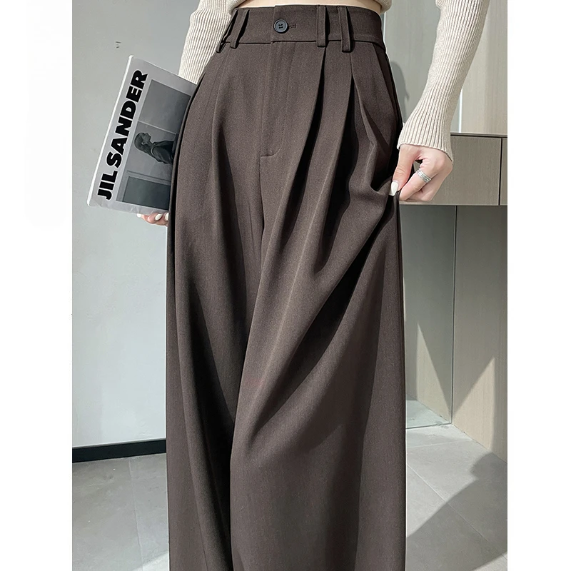 咖色高级感西装裤子女春秋季2024新款高腰宽松直筒窄版阔腿裤垂感