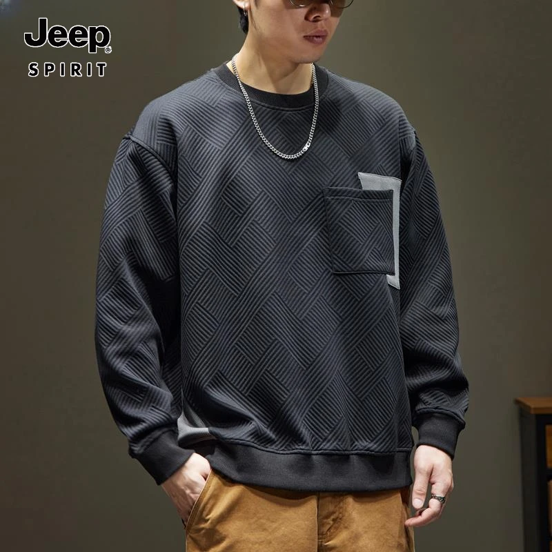 Jeep吉普高端美式肌理感圆领卫衣男士春秋季宽松口袋拼接休闲上衣
