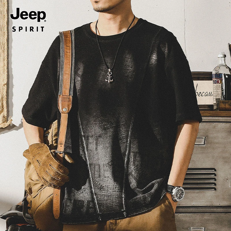 Jeep吉普美式重磅T恤男短袖夏季渐变宽松大码做旧水洗半袖上衣