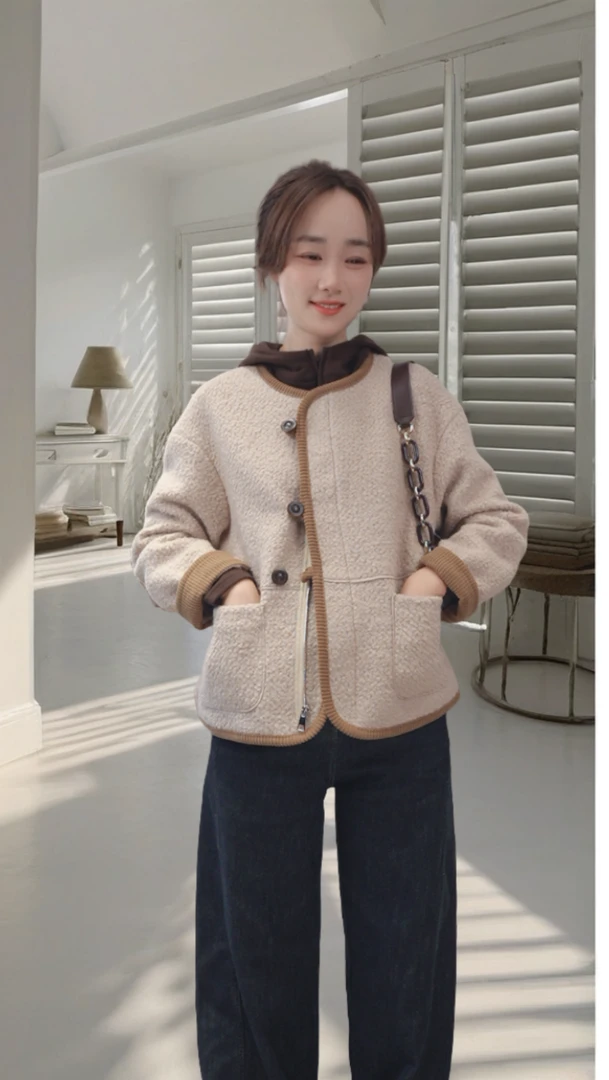 秋冬休闲时尚宽松显瘦毛毛纽扣短外套上衣【甜茶】