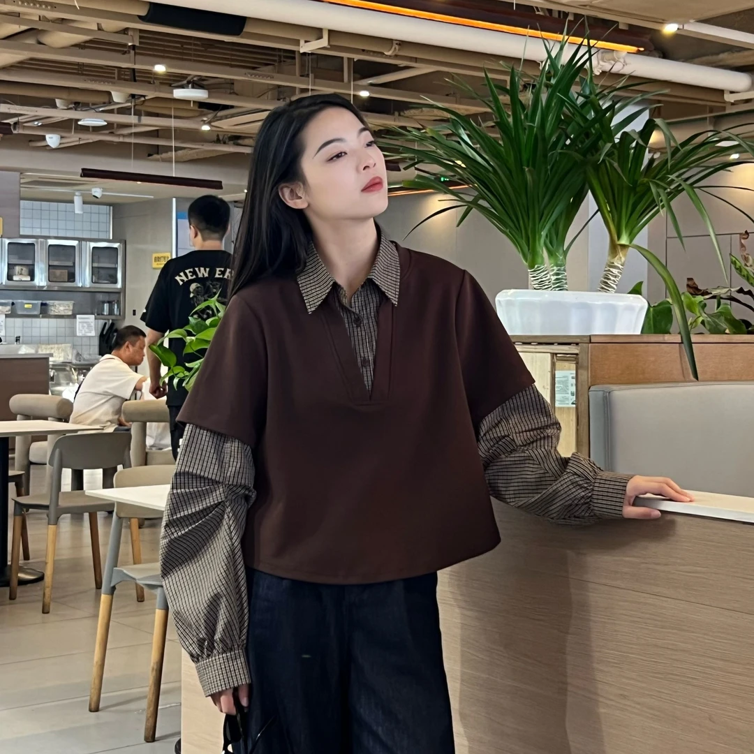 秋季新款百搭简约气质翻领假两件格子拼色卫衣上衣【月光白香】