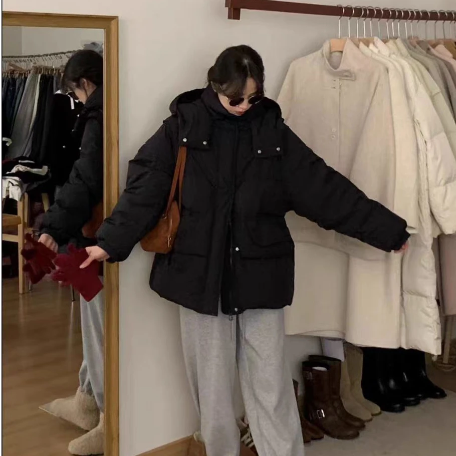 冬季韩版连帽抽绳简约休闲气质宽松显瘦保暖鹅绒羽绒服【夕雾】