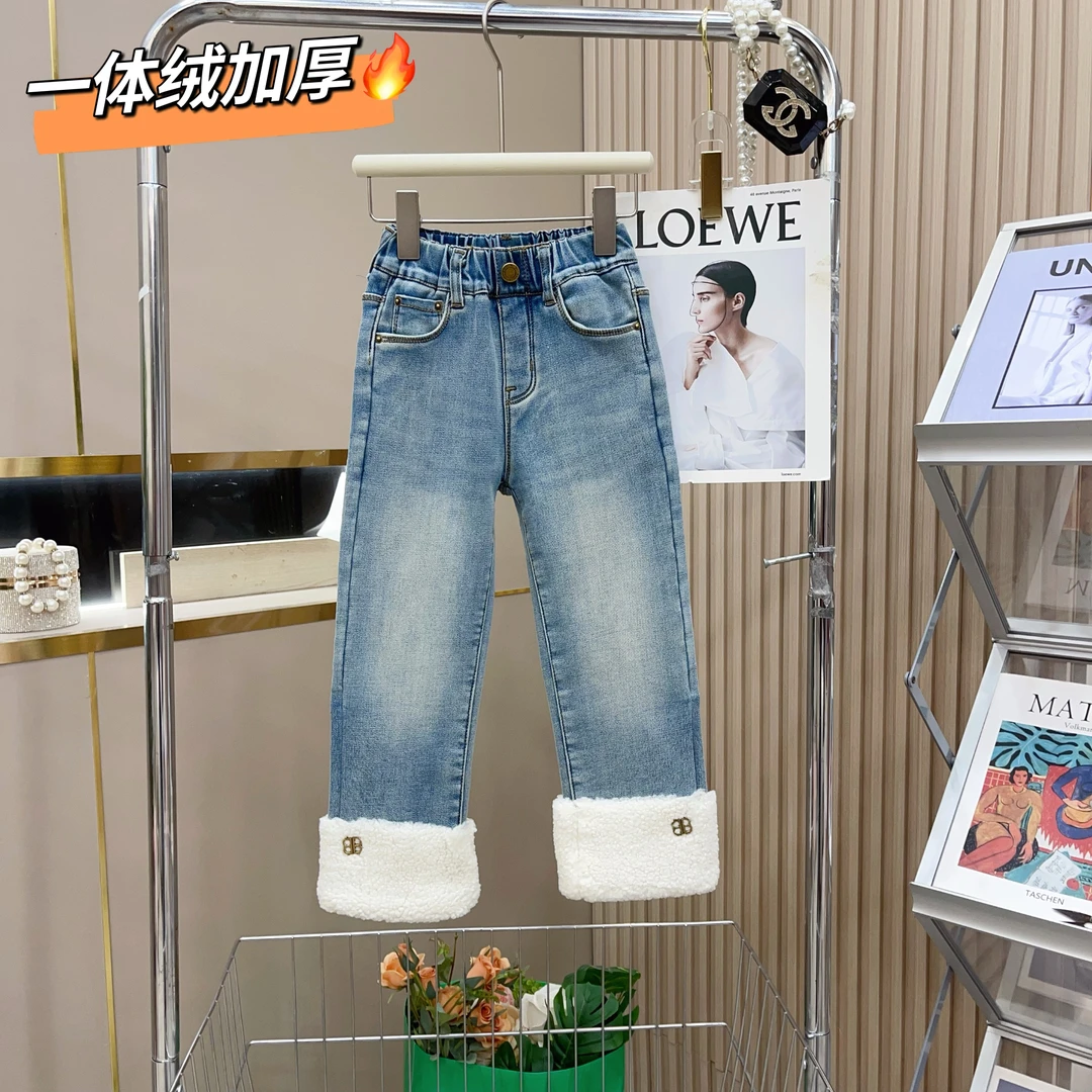 女童2023冬季新款一体绒加厚直筒毛毛边烟管牛仔裤-8267
