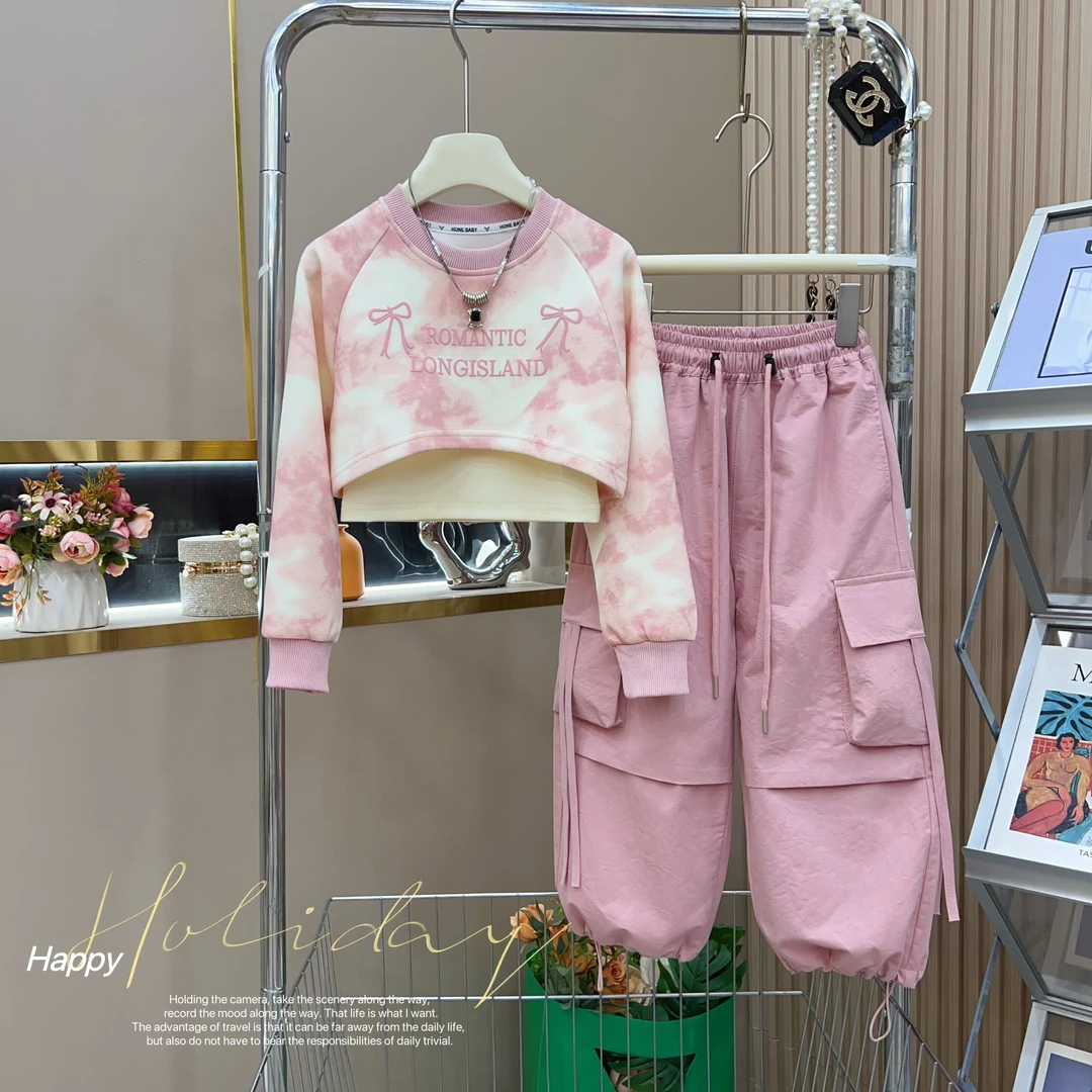 女童2024秋季新款韩版洋气晕染卫衣+休闲工装裤套装-9523
