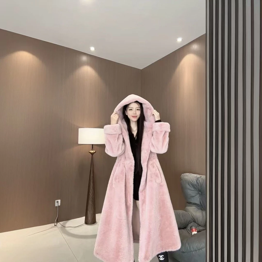 24047加长款连帽毛毛外套女冬季气质百搭显瘦大衣网红轻奢时尚