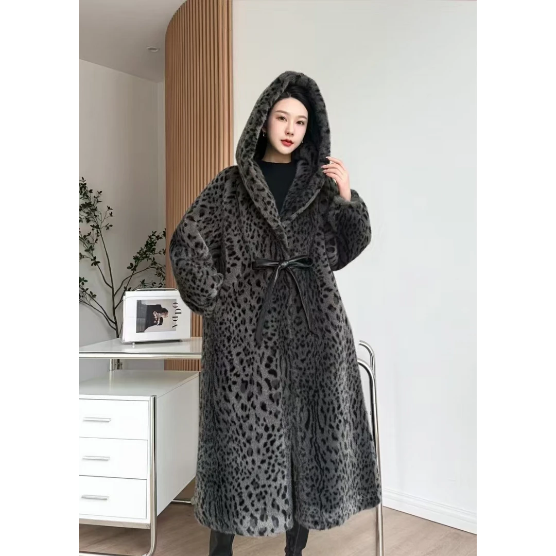 24079气质女士宽松长款豹纹连帽毛毛大衣