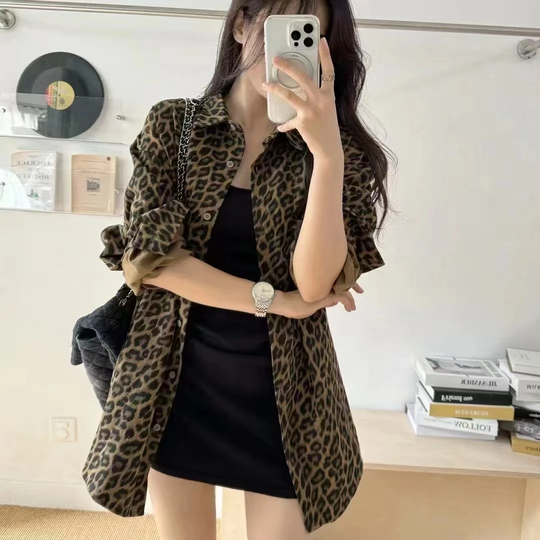 秋季气质百搭新款豹纹衬衫休闲上衣