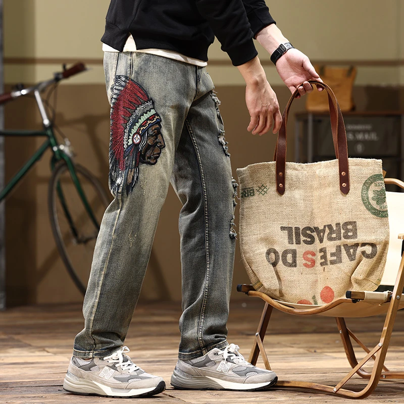 水泥灰刺绣牛仔裤男破洞弹力直筒修身大码胖子2023潮款男款裤子男
