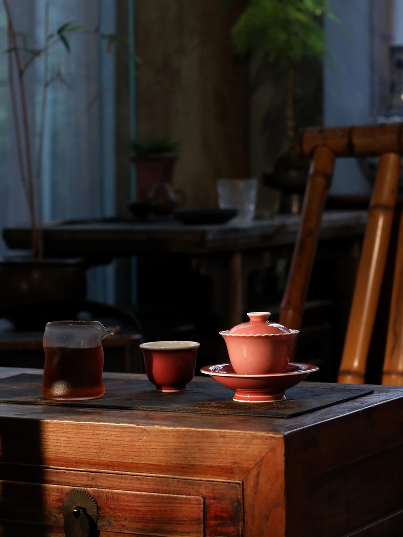 【弥生茶器】雪堂豇豆红盖碗颜色釉全手工制作景德镇茶具茶器
