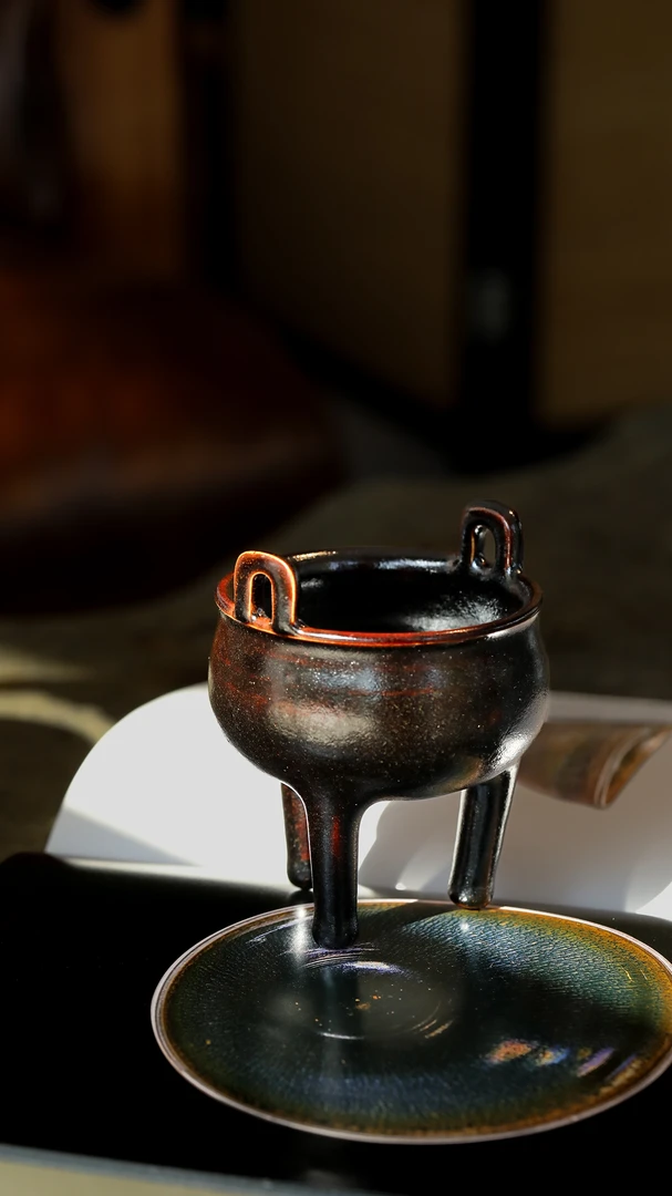 【弥生茶事】高振华拾宋黑釉鼎式香炉手工制作茶道茶器摆件