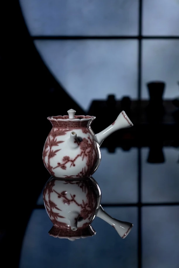 【弥生茶器】雪堂耕陶夫人釉里红侧把壶手工景德镇陶瓷茶具茶器