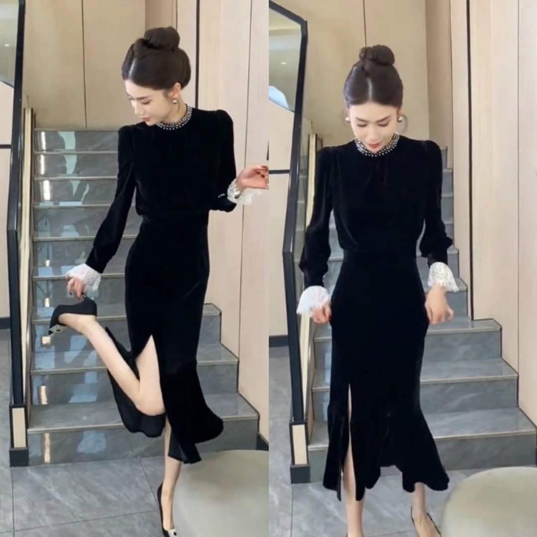 法式高级连衣裙女2024鱼尾秋季新款蕾丝拼接气质显瘦丝绒裙子