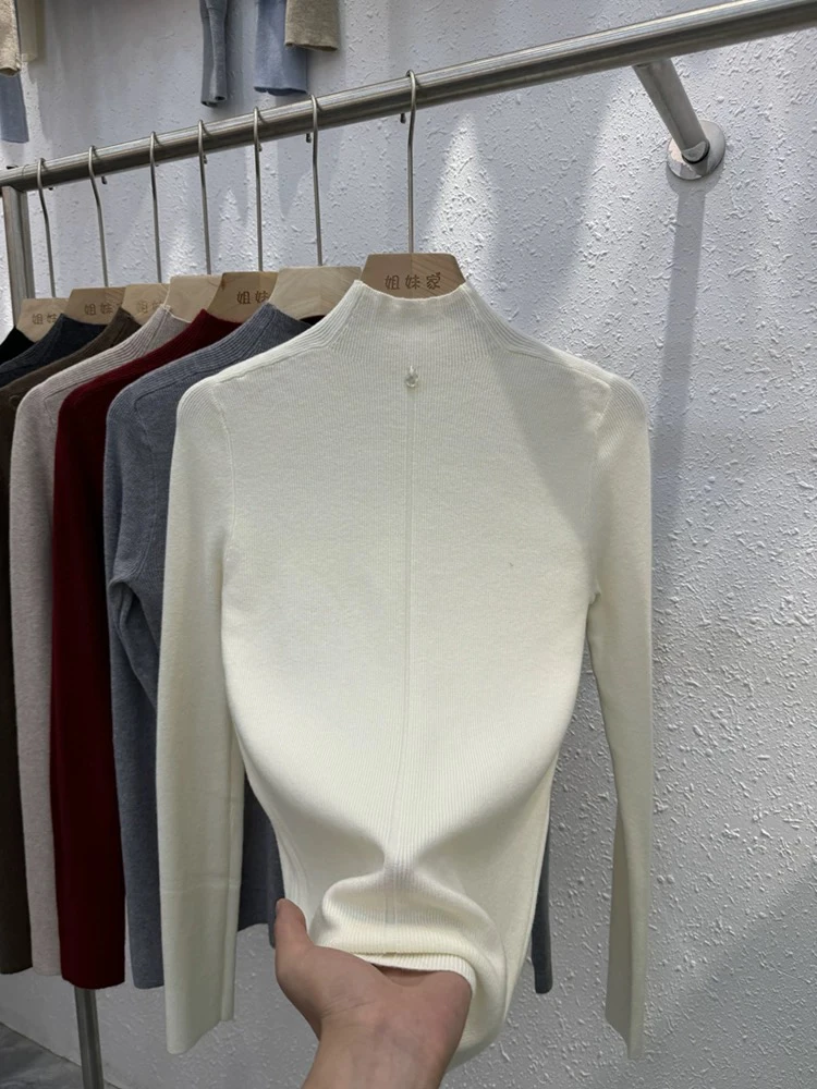半高领长袖针织衫女2024初秋新款修身套头软糯毛衣薄款内搭打底衫