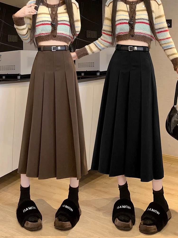 美拉德咖色毛呢半身裙女秋冬新款西装百褶裙半身长裙子伯克利半裙