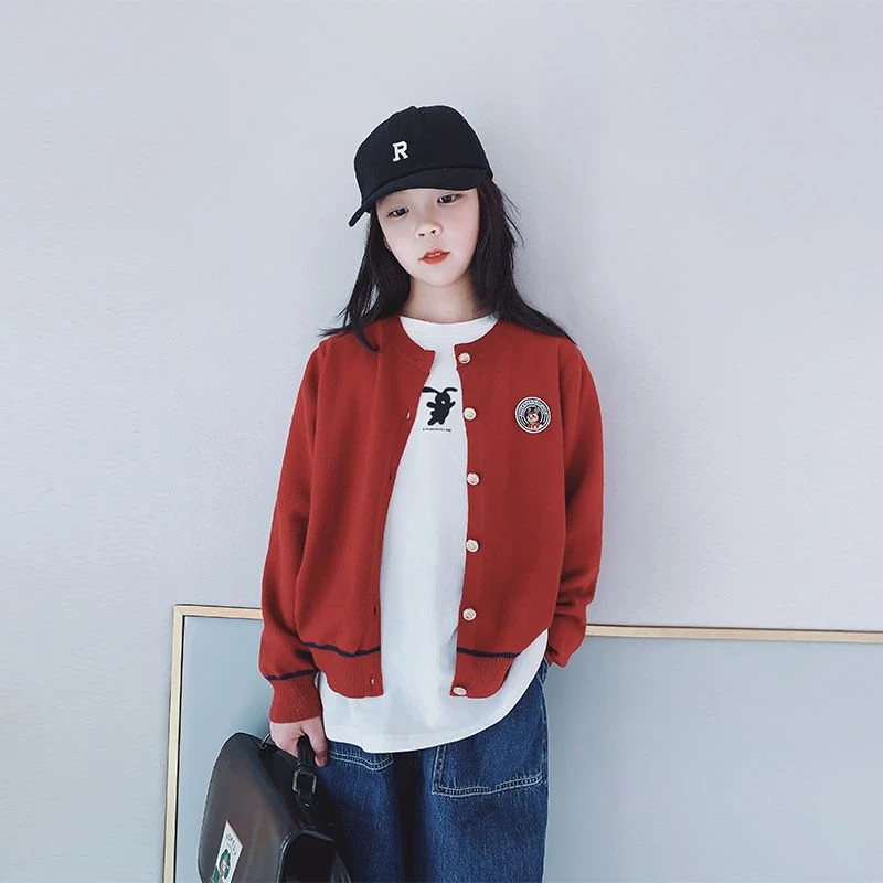 女童毛衣开衫2023春装新款女大童休闲中学生针织外套儿童红色上装