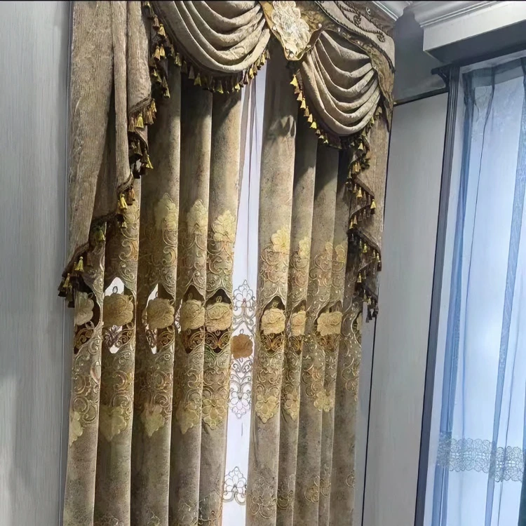 定制窗帘  咖色雪尼尔提花面料小镂空刺绣窗帘（帘头另拍）卧室使用