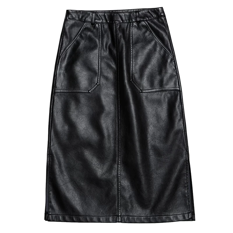 Y100秋季新款显瘦a字裙半身裙时尚百搭休闲潮流黑色半身裙皮裙