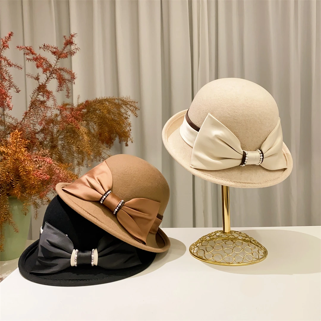 赫本风澳洲羊毛优雅蝴蝶结翻翘卷边礼帽女士秋冬时尚保暖渔夫帽子