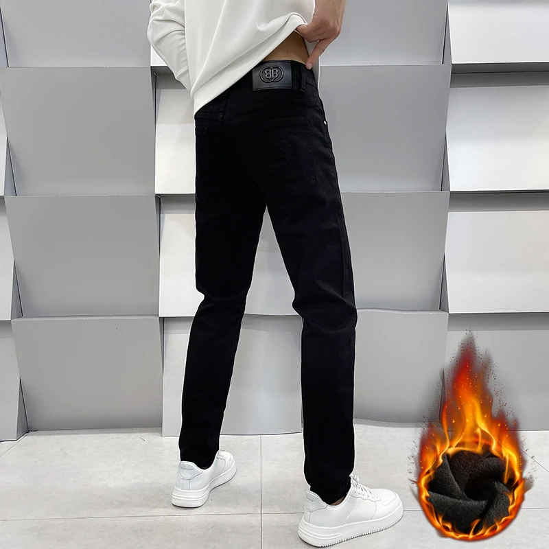 轻奢欧版牛仔裤男秋冬加绒加厚保暖裤子时尚百搭潮流修身小脚长裤