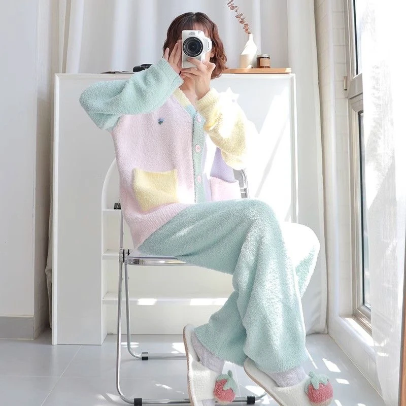 新款2024年睡衣女秋冬季半边绒珊瑚绒加厚冬天软绵绵可外穿家居服