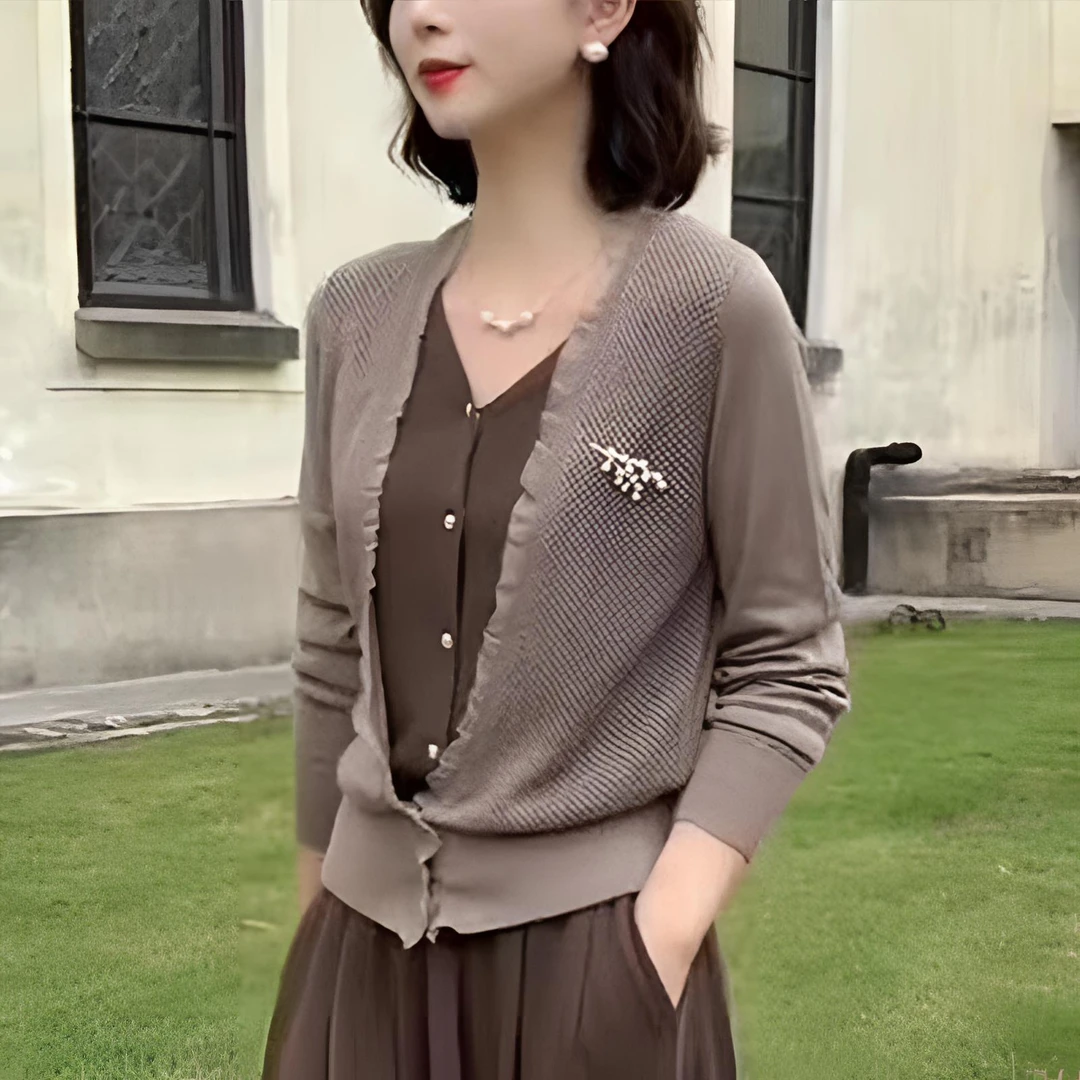 两穿假两件开衫秋冬新款蕾丝边V领长袖针织衫女宽松显瘦上衣外套