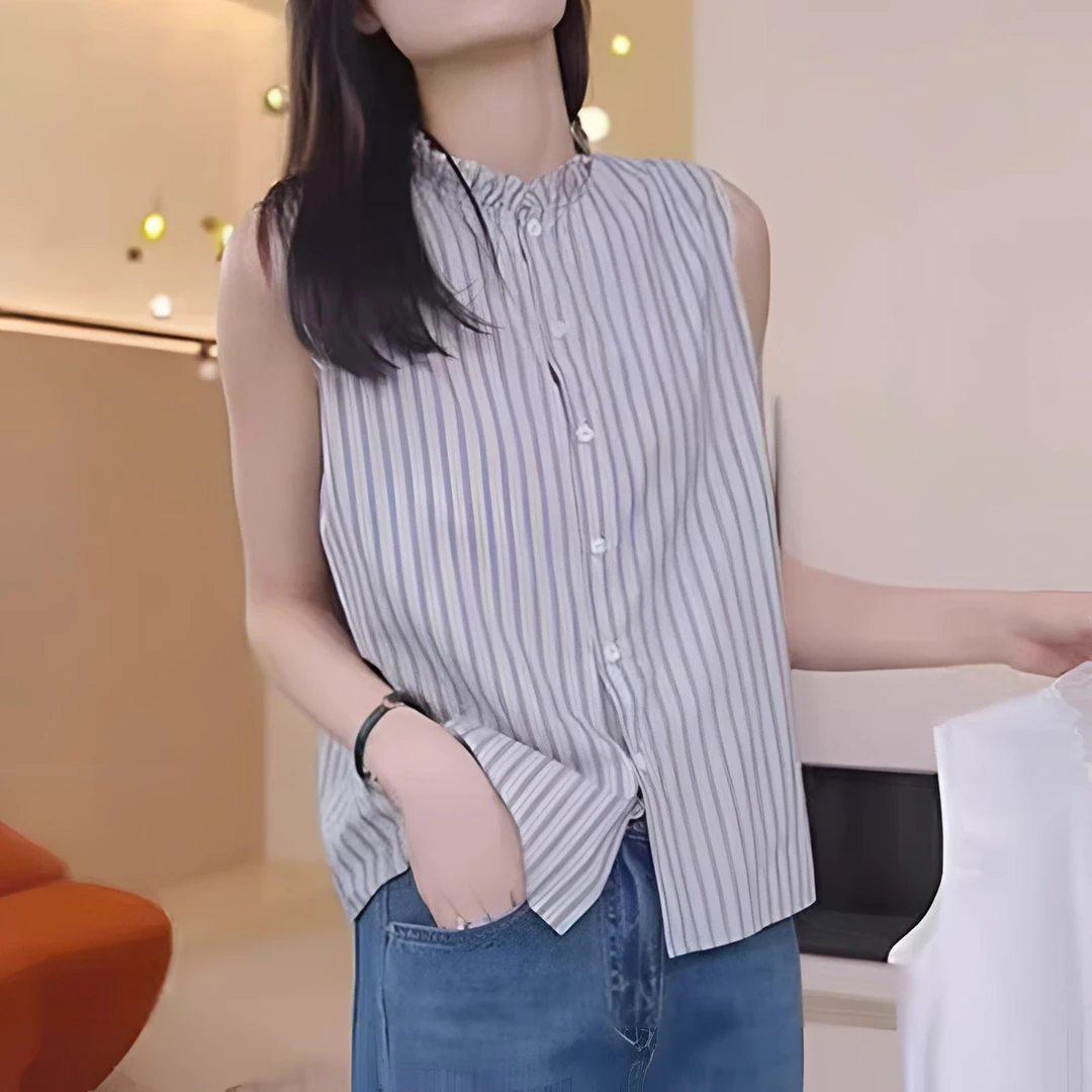 竖条纹木耳边半高领衬衫女无袖背心打底衫内搭叠穿百搭春秋冬上衣