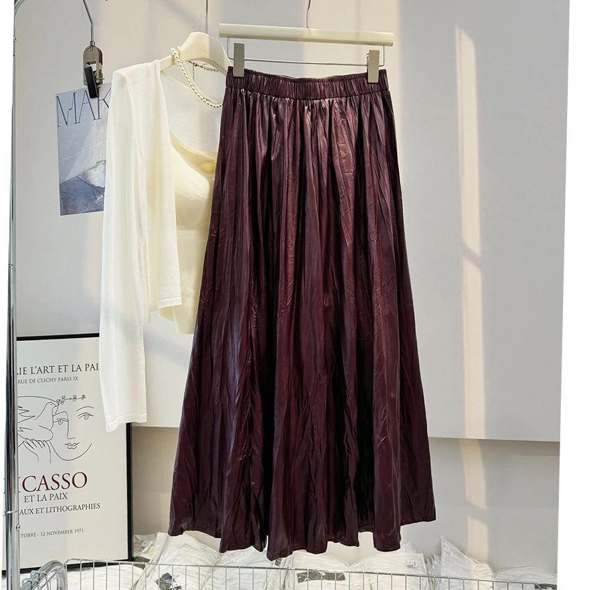 复古褶皱皮裙显瘦半身裙女中长款百褶裙a字大摆裙子伞裙秋季新款