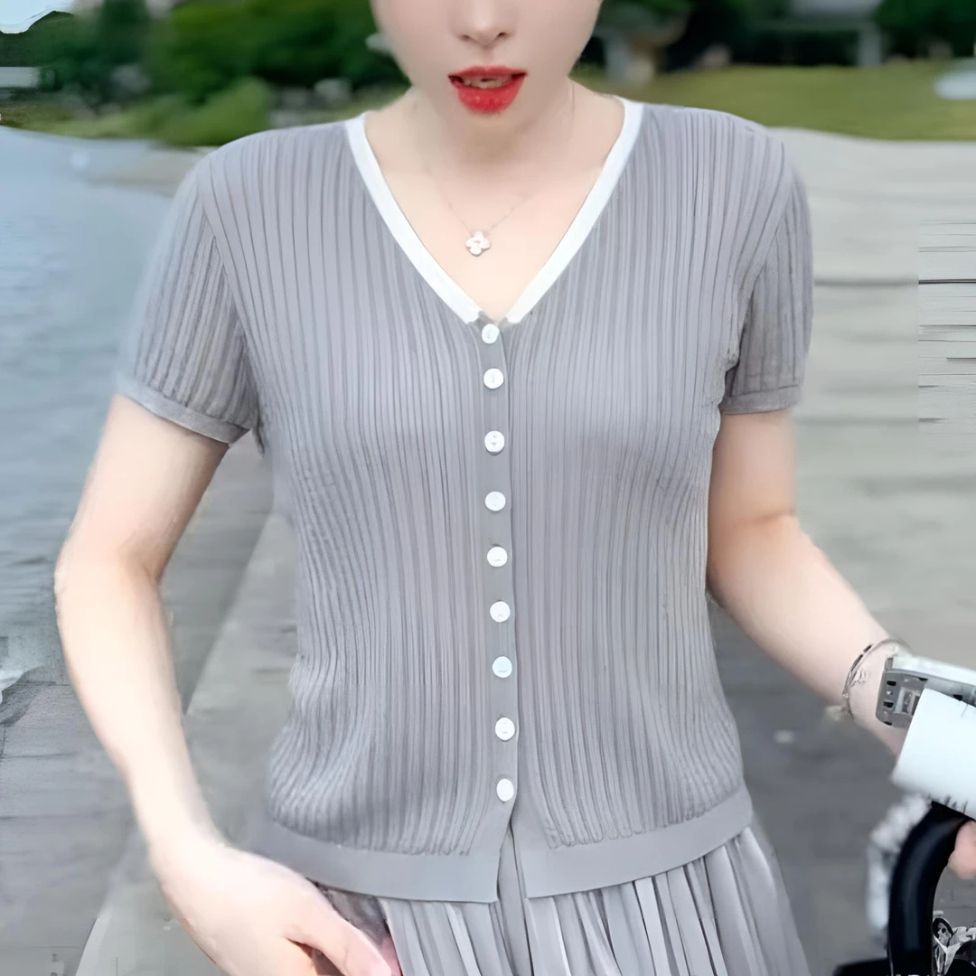 夏季薄款撞色V领针织衫女开衫短袖冰丝显瘦气质短款上衣高级感T恤