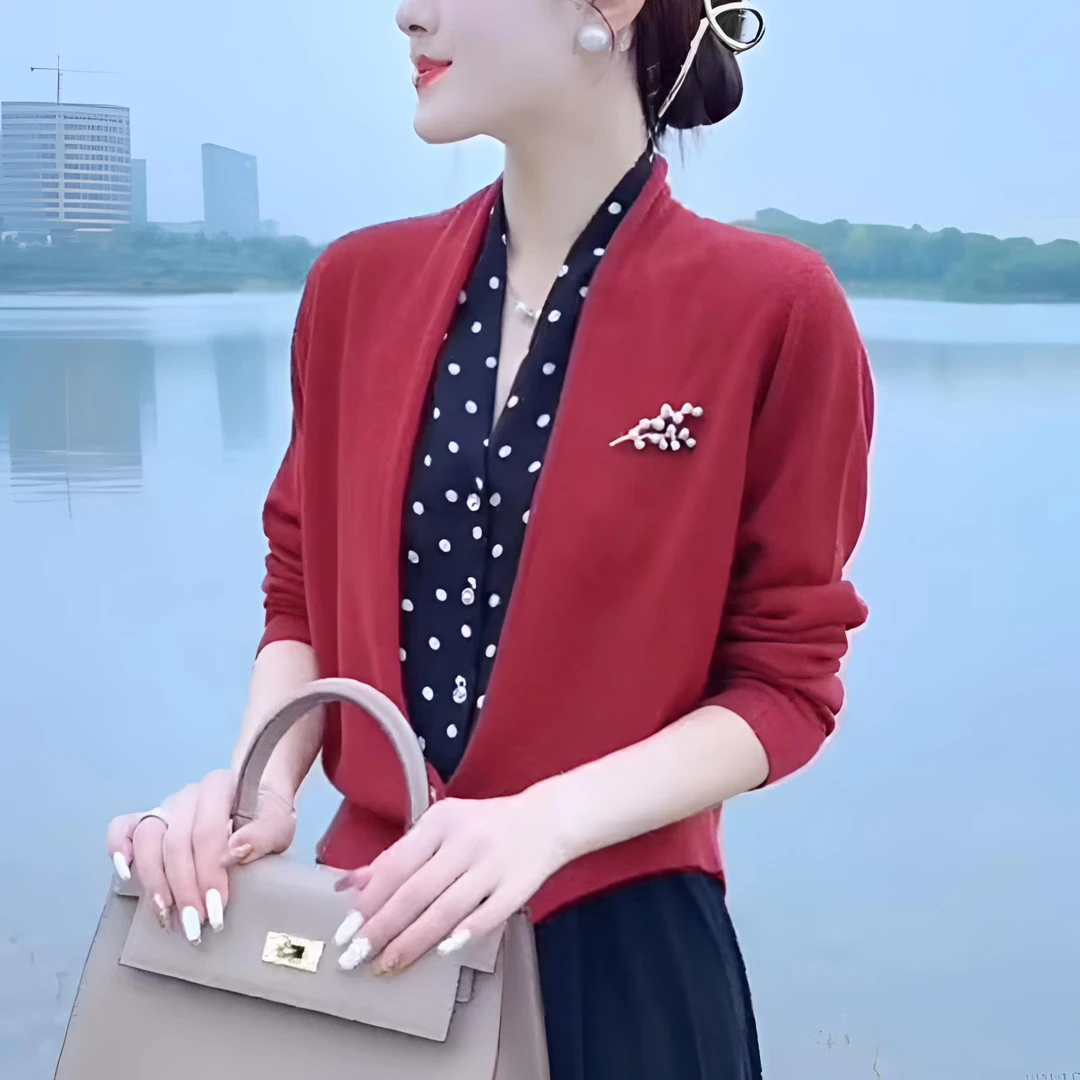 假两件波点V领针织衫女开衫长袖宽松显瘦秋冬新款气质上衣红99128