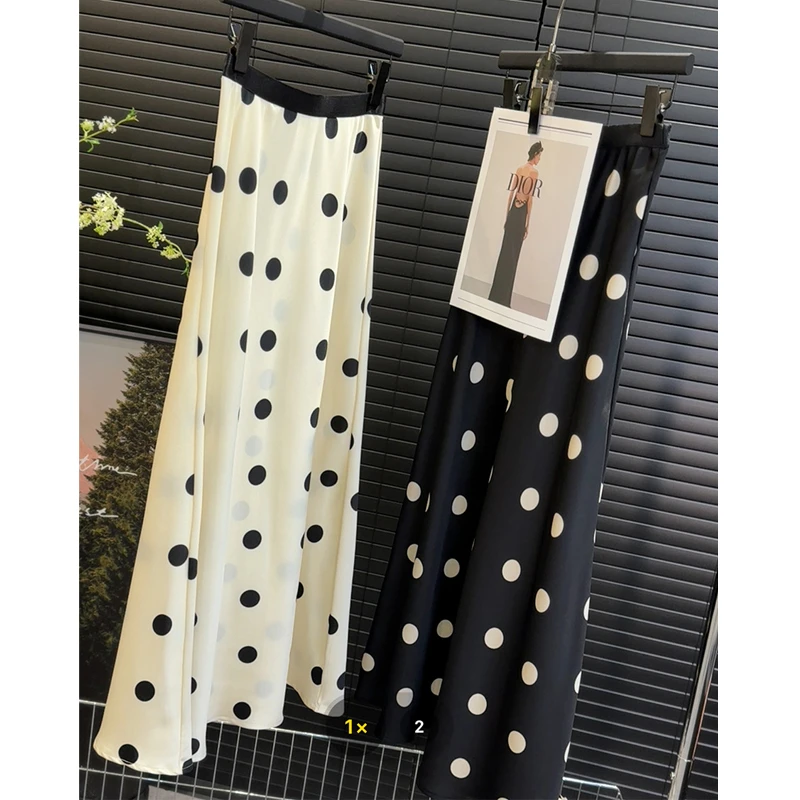 丝滑垂感醋酸缎面波点显瘦半身裙女中长款高腰A字鱼尾长裙夏薄款
