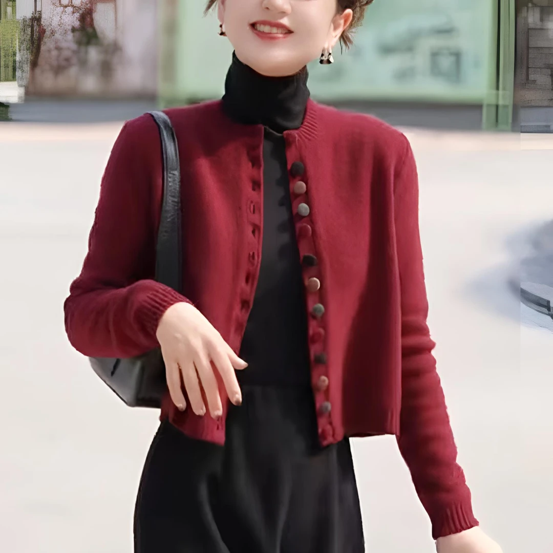 彩扣圆领毛衣女开衫针织衫长袖秋冬新款宽松显瘦气质短款外套X106