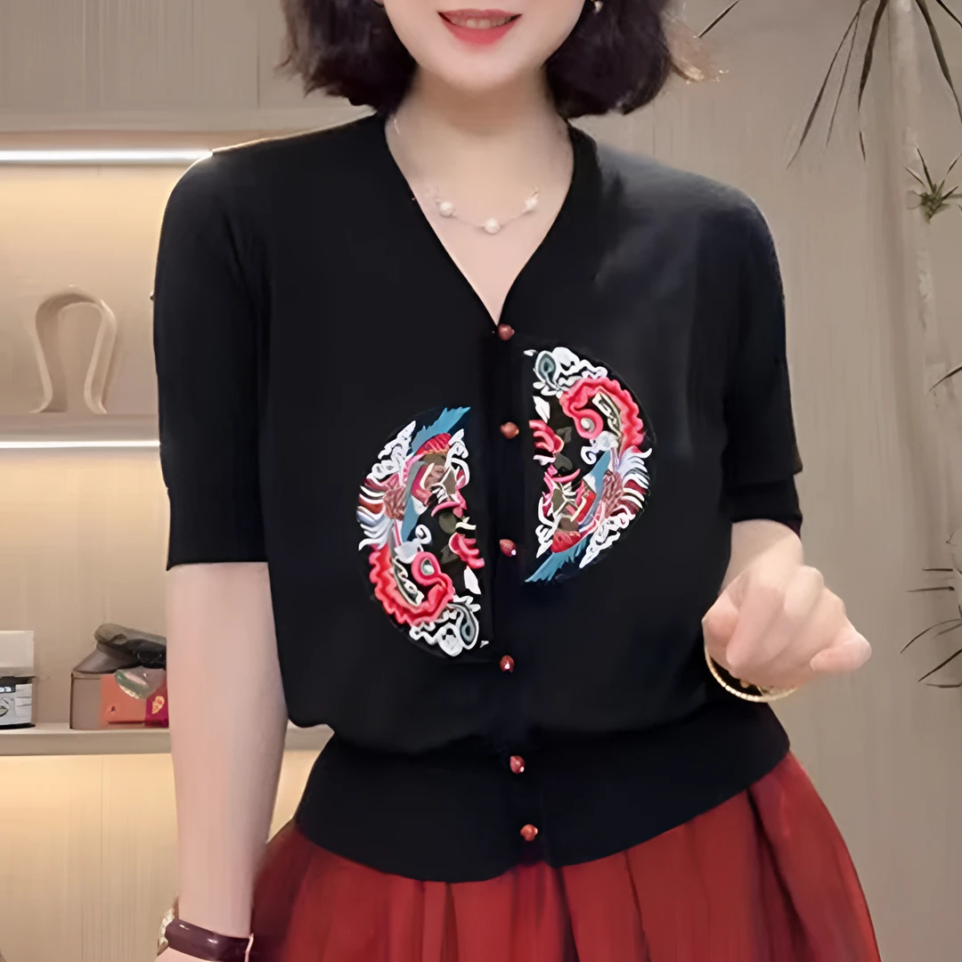 夏季薄款新中式国风复古刺绣V领T恤女短袖针织衫开衫上衣宽松显瘦